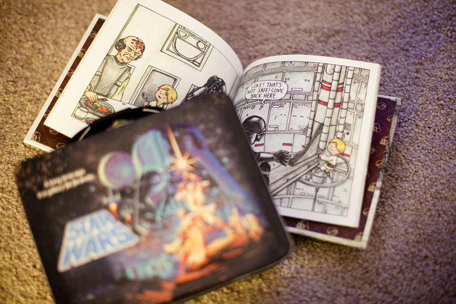 Star Wars lunch box and Star Wars picture book, Darth Vader and Son by Jeffrey Brown.