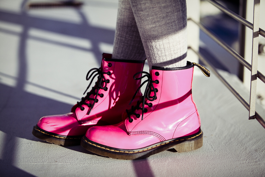 Outfit photo of Ren's hot pink lamper Dr. Martens, credit to Deb.