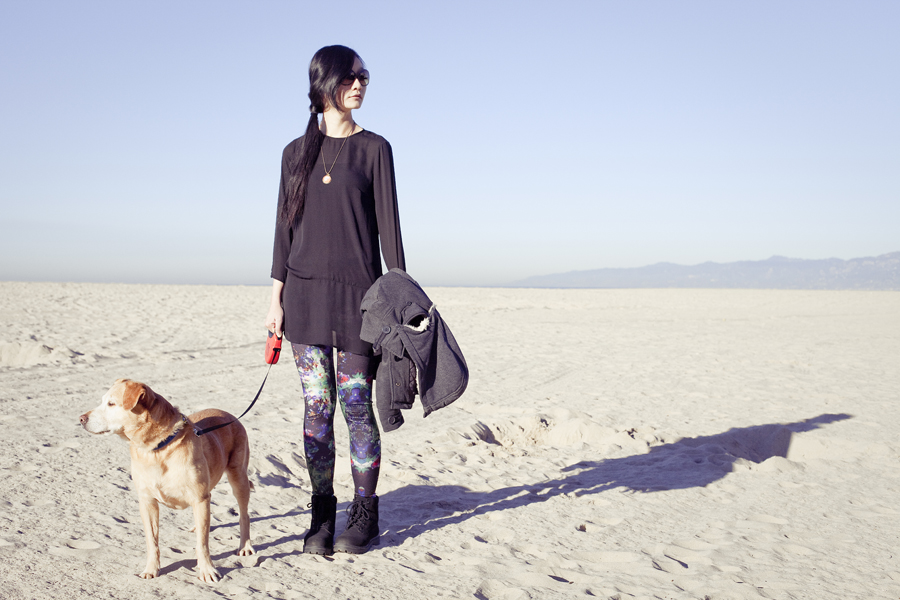outfit of the day: h&m black chiffon dress, h&m leggings, fila boots. At the beach with Annabel the dog.