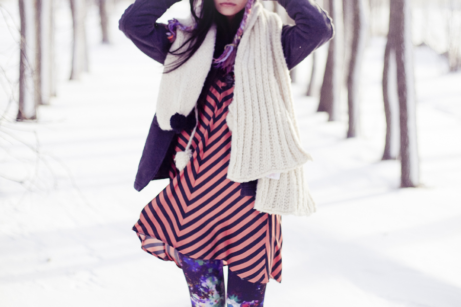 Winter self-portrait photoshoot. Outfit details: Forever21 silky striped dress, Dollhouse grey jacket, gifted River Island panda hood scarf, H&M abstract printed leggings, Forever21 striped beanie with pom pom, Fila black men's boots, T-shirt & Jeans geometric printed knapsack.