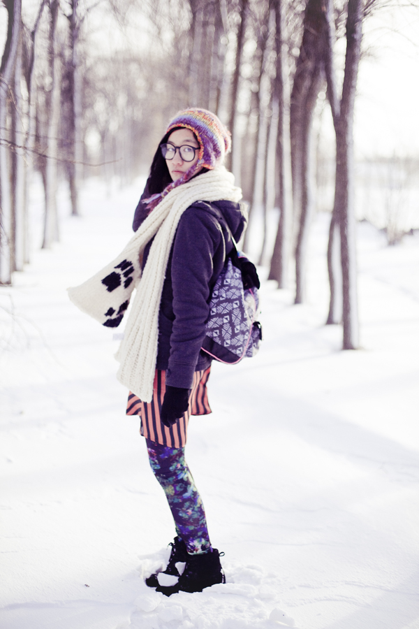 Winter self-portrait photoshoot. Outfit details: Forever21 silky striped dress, Dollhouse grey jacket, gifted River Island panda hood scarf, H&M abstract printed leggings, Forever21 striped beanie with pom pom, Fila black men's boots, T-shirt & Jeans geometric printed knapsack.
