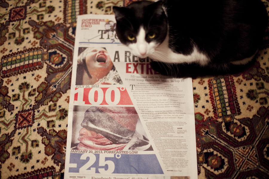 Mr. Tux the cat on the front page headlines of extreme cold in Minnesota.