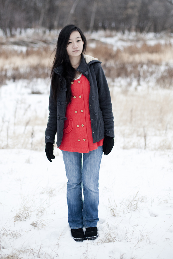Outfit of the day: Thrifted red vest, Dollhouse grey hooded jacket, borrowed Gap jeans.