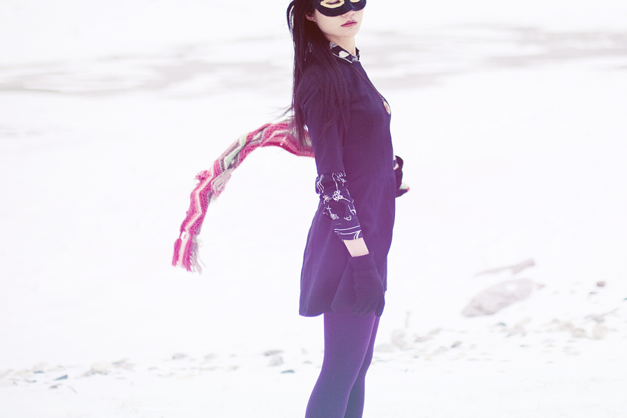 Photoshoot in the snow. Outfit details: Forever21 black pleated dress, Dollhouse grey jacket, Hue maroon red ribbed tights, Fox striped zigzag scarf, thrifted vintage floral black shirt, Fila black men's shoes.