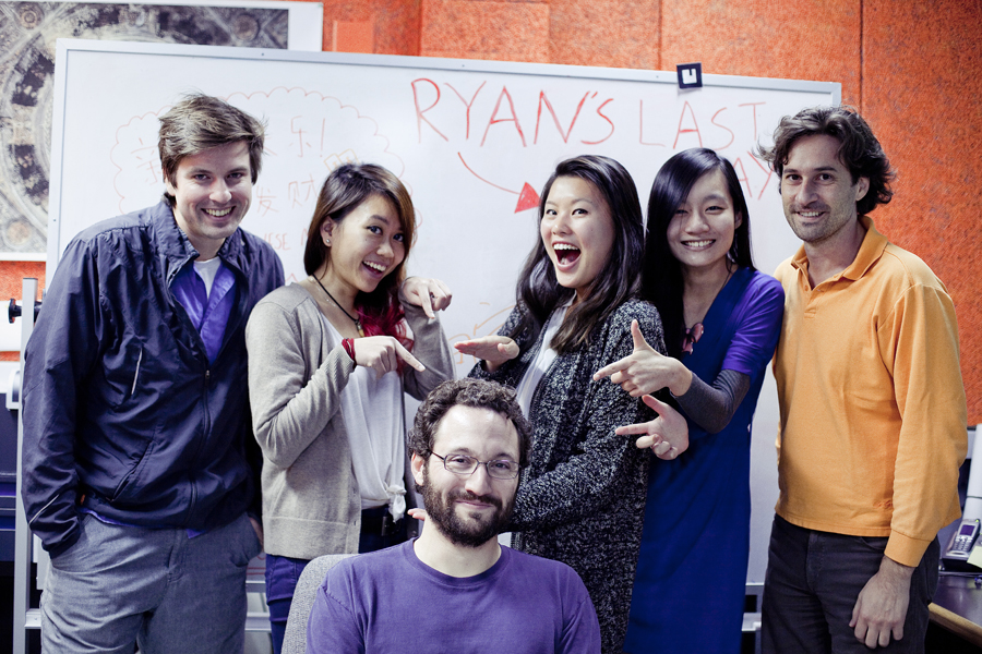 Group photo for Ryan's last day in front of the decorated whiteboard in UCLA.