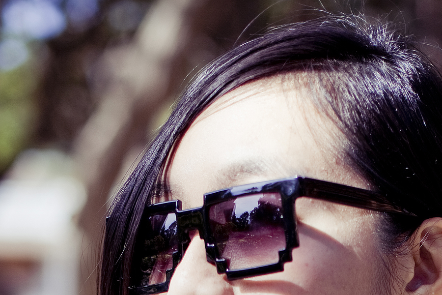 Outfit details: geeky 8-bit pixel sunglasses.