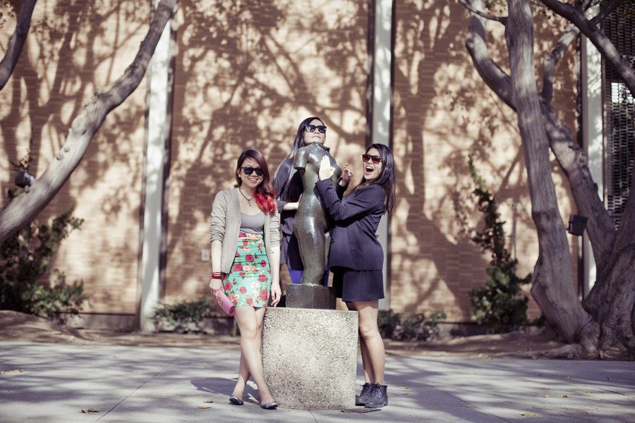 Posing with a headless statue at the Franklin D. Murphy Sculpture Garden in UCLA.
