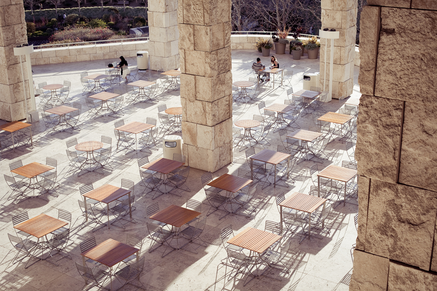 Top down view of tables at the Getty Center, Los Angeles.