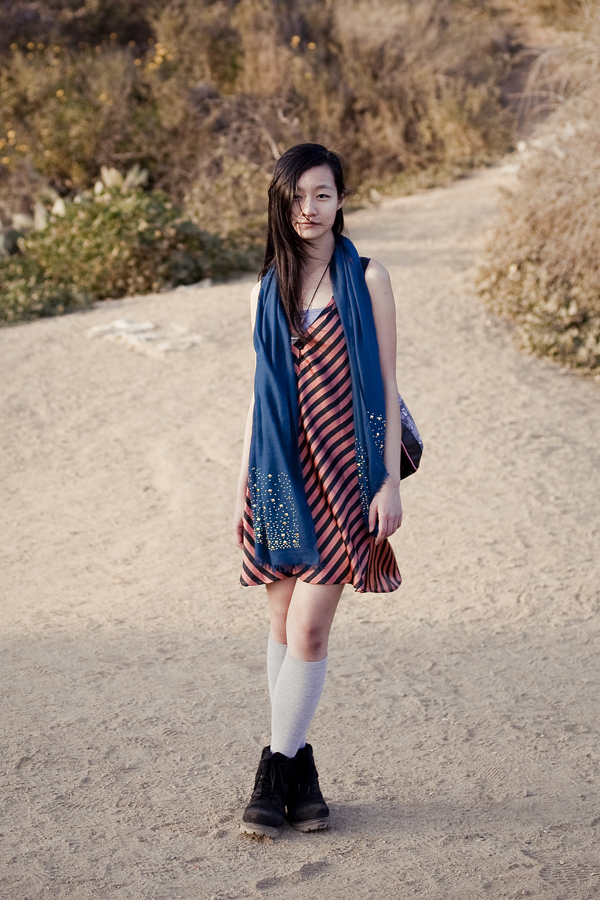 Ren at Runyon Canyon Park in Hollywood, Los Angeles. Outfit details: Uniqlo blue patterned bra-top camisole, Forever21 striped satin orange and black dress, gold studded blue scarf, Forever21 knee-high light grey socks, Fila black men's boots, T-shirt & Jeans geometric tribal printed backpack, agate stone necklace, gifted souvenir from the Natural History Museum at Washington DC.