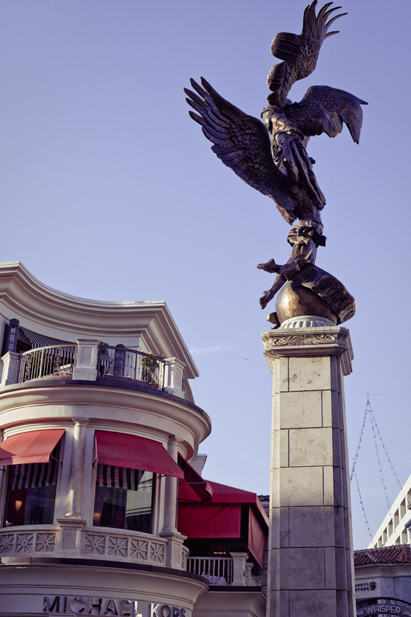 Statue and building at The Grove in Los Angeles.