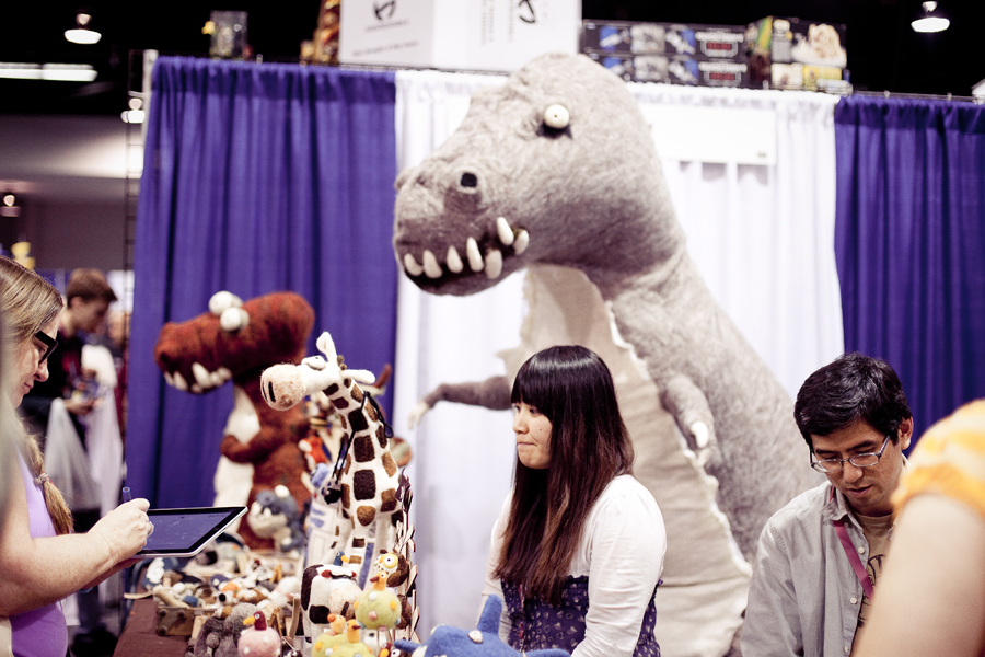 Wool toys and a giant wool T-rex at Wondercon 2013.