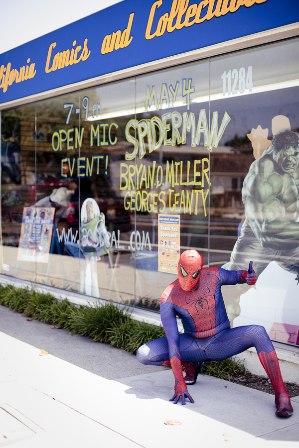 The Amazing Spiderman strikes a pose outside 3C California Comics and Collectables on Free Comic Book Day, May the Fourth.