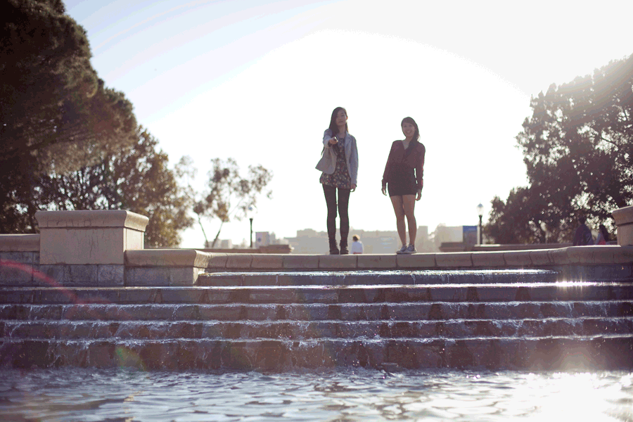 Pixelation animated gif stop motion of Ren and Lilli at the fountain in front of Royce Hall, UCLA.