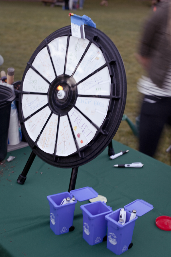 Spin-the-wheel game to guess which item falls into the trash, recyclables, or compost category at Ecochella in UCLA.