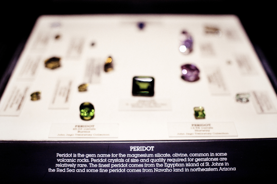 Peridot gems on display at the Natural History Museum in Los Angeles.