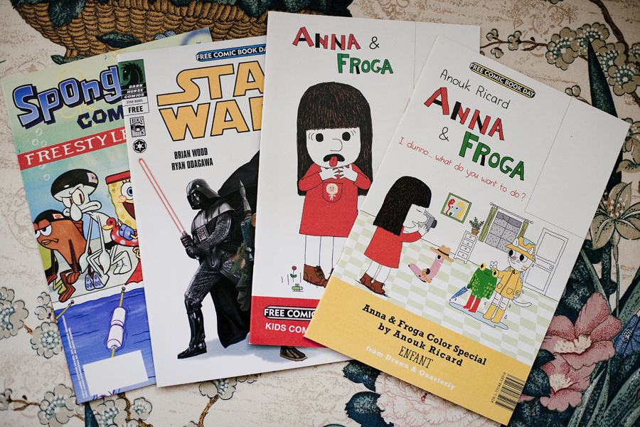 Free comics from Free Comic Book Day, May the Fourth. Star Wars, Spongbob Squarepants, Anna & Froga.