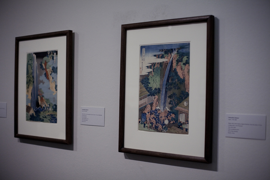 Exhibited woodblock prints from Katsushika Hokusai at LACMA, Los Angeles.