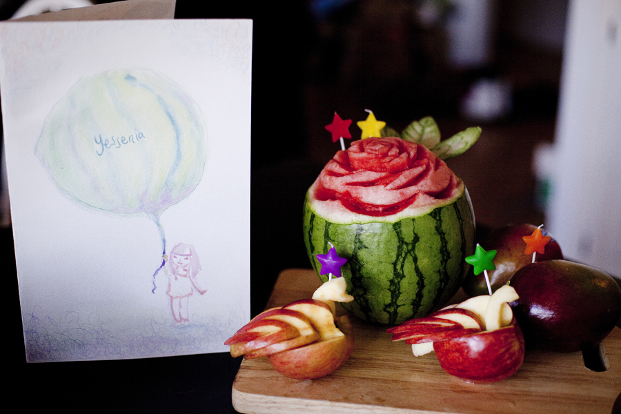 Watercolour birthday card and Carved watermelon flower and swan apples.