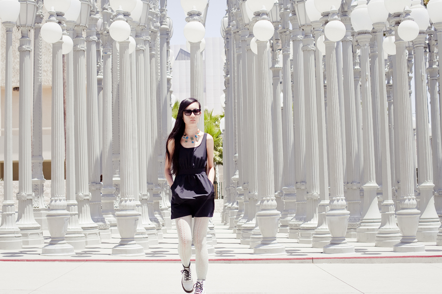 Outfit of the day at LACMA: Forever 21 little black dress, Shop Notice Mag necklace, Urban Outfitters mint lace tights, Dr. Martens 1460 classic white boots, 8bit geek sunglasses.