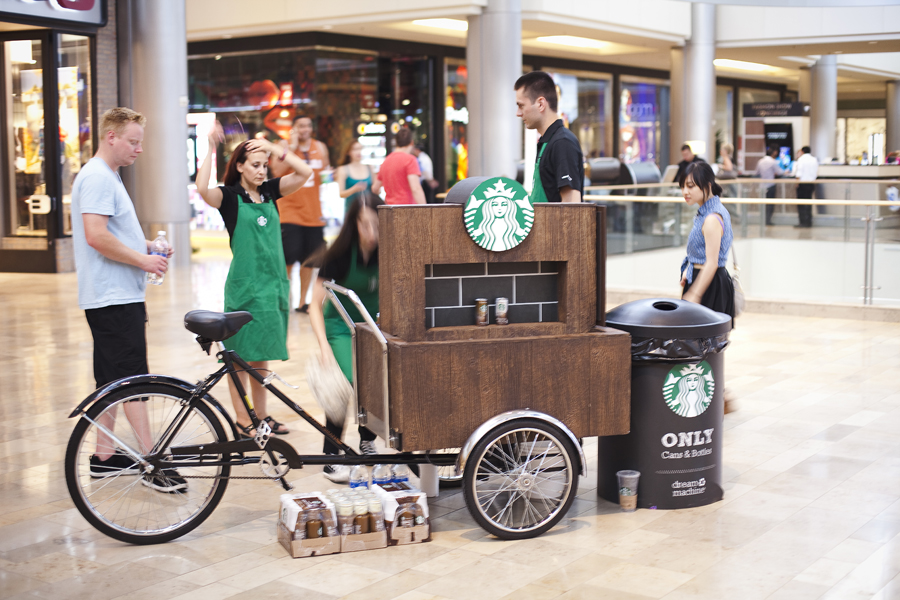 Starbucks cart giving away free bottles of coffee in Las Vegas.