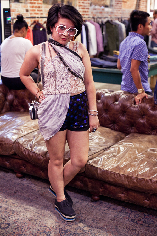 Camay of Reflekt Magazine posing at the Lookbook x Rebecca Minkoff Denim Launch Party at the Confederacy Boutique in Hollywood, Los Angeles.