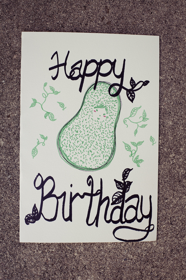 Hand drawn birthday card of an avocado matryoshka for Zen.