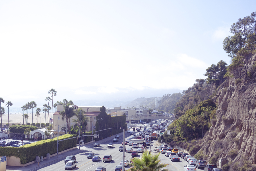View of the Pacific Coast Highway (PCH) and Santa Monica beach.