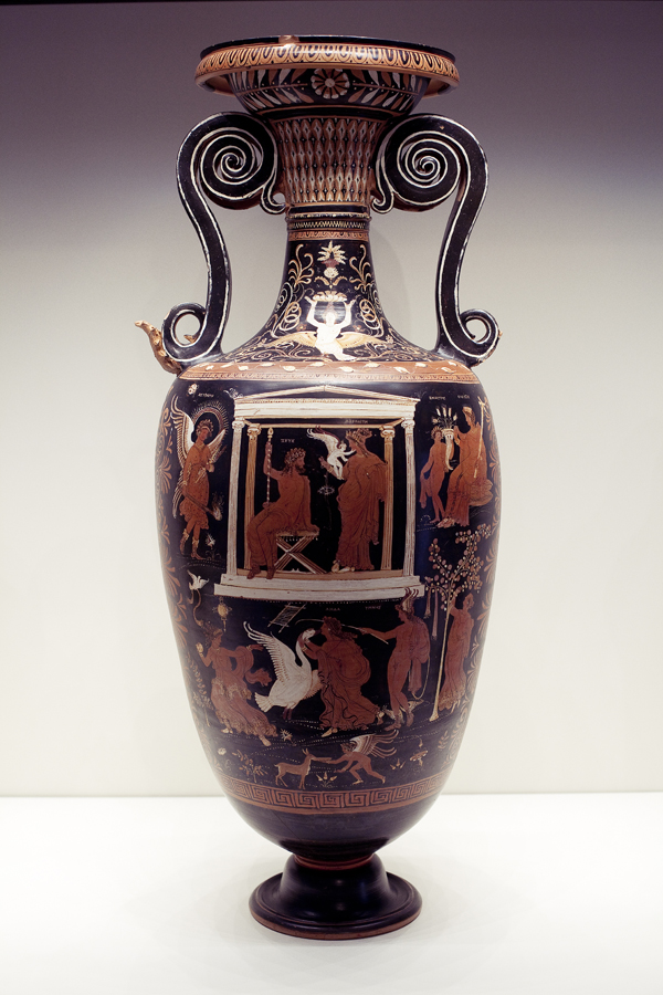 Vessel with Leda and the Swan on display at the Getty Villa.