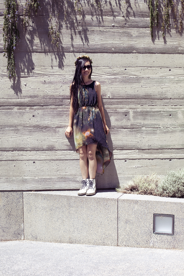 Ren at the Getty Villa. Outfit of the day OOTD wearing Romwe green galaxy chiffon dress, handmade DIY floral wreath, white Dr. Martens classic 1460 boots, geeky 8bit sunglasses.