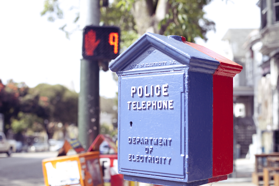 Police and Fire call box on a street on Haight in San Francisco.