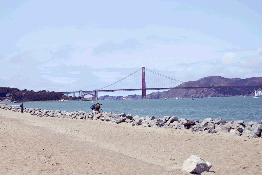 Animated gif of the panoramic view of the Golden Gate Bridge and Alcatraz Island at Chrissy Fields in San Francisco, California.