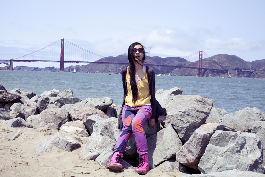 In front of the Golden Gate Bridge at Chrissy Fields in San Francisco, California.