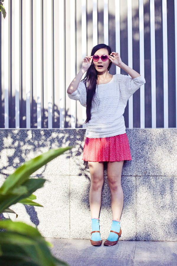 Ren's ootd: Zara pink printed skirt, blue fish socks, heart-shaped pink sunglasses, Trendyzone brown mary-janes.