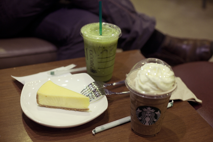 Cheesecake, green tea frappucino, hojicha frappucino at Starbucks.