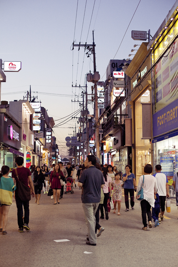 Down a shopping street in Gumi, South Korea.