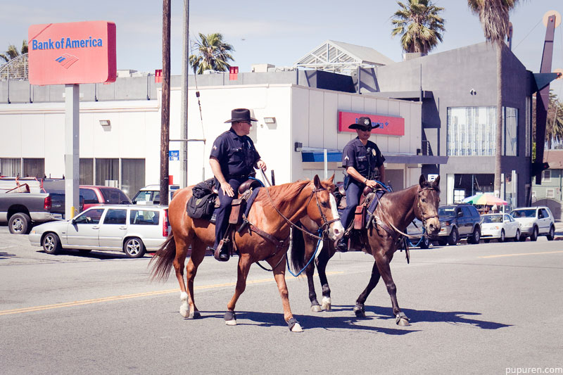 Policemen on horses at Venice beach, Los Angeles.