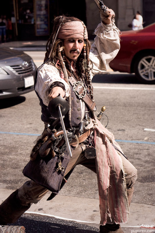 Jack Sparrow from Pirates of the Caribbean lookalike at Hollywood Star Walk in Los Angeles.