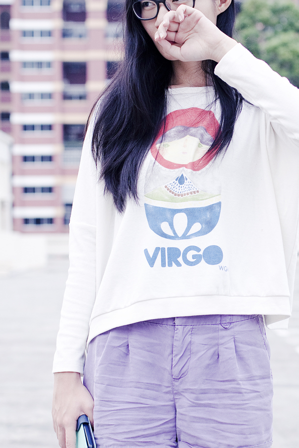 Childhood 'virgo' oversized bat-sleeved sweater and purple Forever 21 shorts.