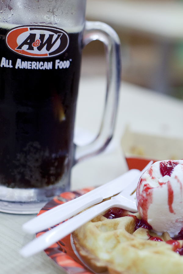 Ice cream waffle and root beer at A&W.