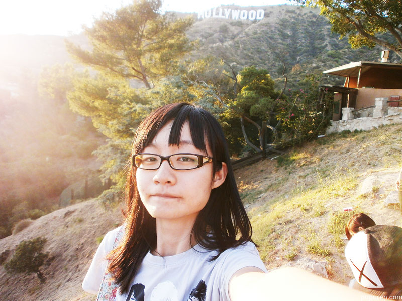 Selfie in front of the Hollywood sign in Los Angeles.