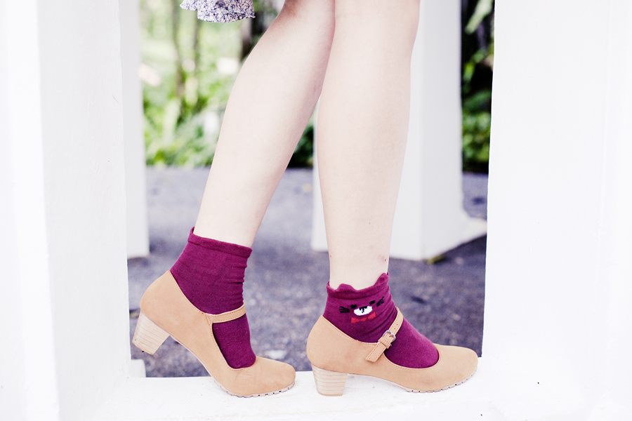 Magenta bear socks from Kiki Socks and brown mary jane heels from Mixit.
