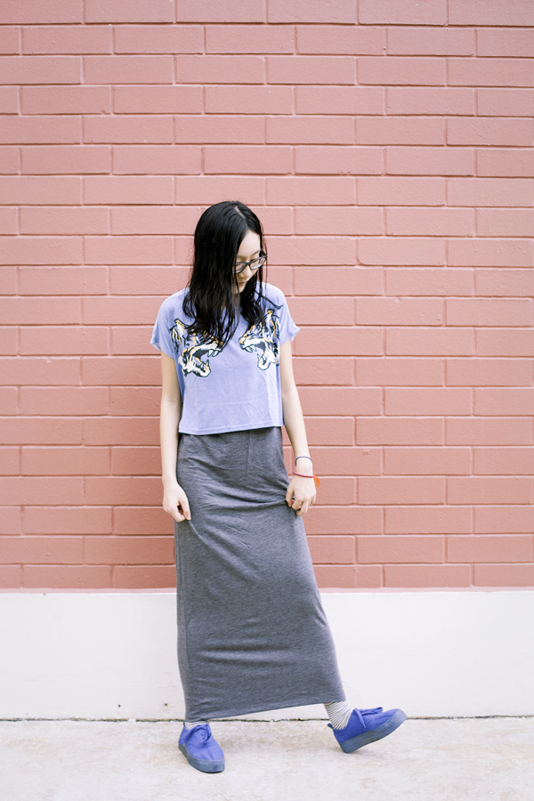 OOTD wearing Forever 21 grey maxi dress, NA NI tiger crop top, Accessorize striped fox socks, H&M blue platform shoes.
