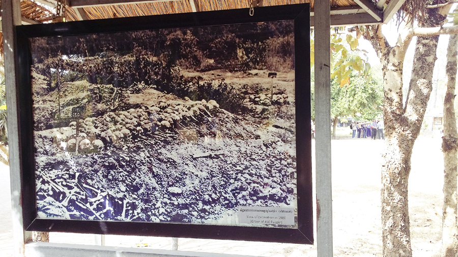Photograph of the mass grave after uncovering at the Choeung Ek Killing Fields in Phnom Penh, Cambodia.