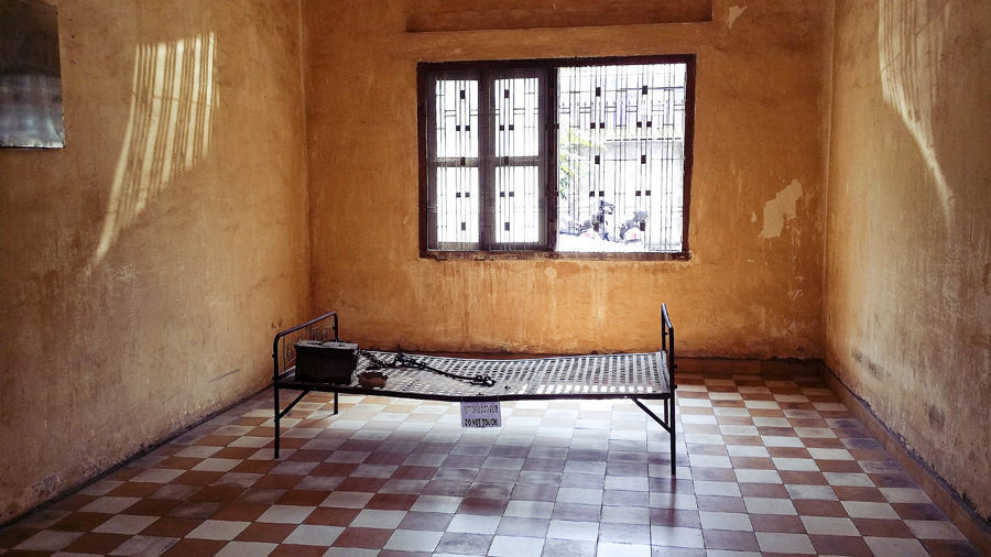 Bed frame at Tuol Sleng (S21) in Phnom Penh, Cambodia.