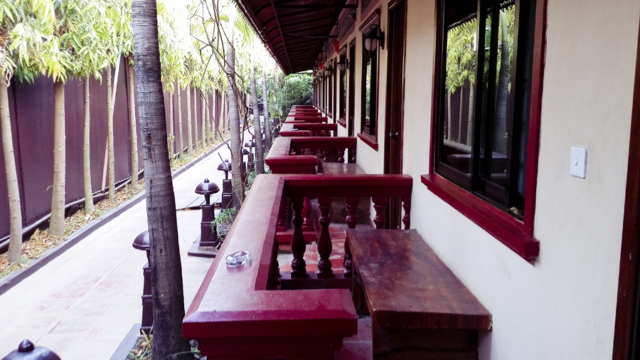 Walkway of the standard rooms at the Lotus Lodge, Siem Reap, Cambodia.