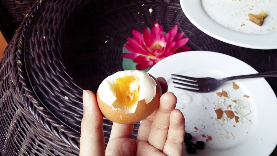 Half-boiled egg for breakfast at the Lotus Lodge, Siem Reap, Cambodia.