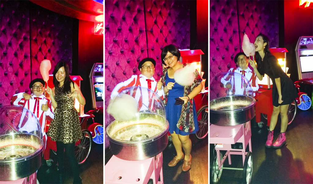 Ade, Puey, and Ren with free candy floss at Cirque le Soir nightclub in Shanghai.