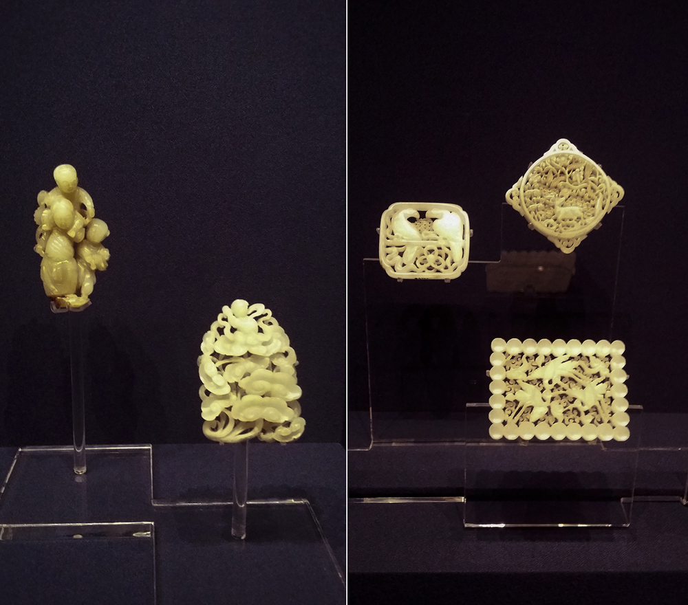 Left: Three boys and Boy holding Lingzhi (fungus) in hand from the Ming Dynasty (1368-1644 AD). Right: Square plaque with serpent design, ornament with two parrots, ornament with deer design from the Ming Dynasty (1368-1644 AD) at the Shanghai Museum.