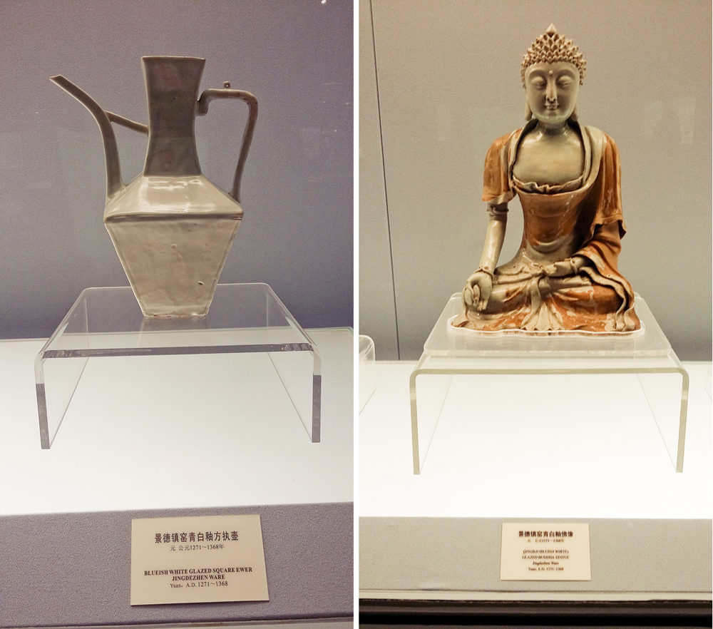 Left: Blueish white glazed square ewer Jingdechen Ware from the Yuan Dynasty (1271-1368 AD). Right: Glazed Buddha Statue Jingdechen Ware from the Yuan Dynasty at the Shanghai Museum.