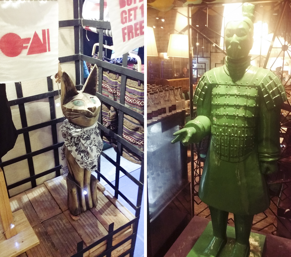 Cat display and green terracotta warrior in Terminal 21 in Bangkok, Thailand.